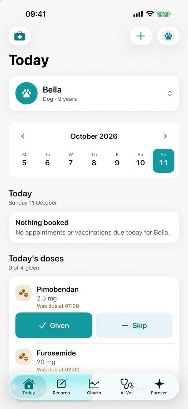 The Today screen, with a pet's doses due today and Given and Skip buttons